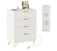 Table de Chevet avec Station de Charge - 4 Tiroirs - Commode, Meuble de Rangement avec Surfaces en Forme de Diamant,Pieds en métal
