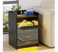Table de Chevet avec Station de Charge et LED - VIVOLILV - Table de Nuit Noir avec Trois tiroirs - 45x40x65 cm