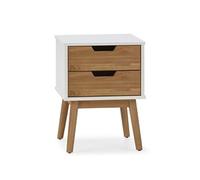 Table de chevet Baku 2 tiroirs blanc-bois, bois de pin massif