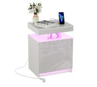 Table de Chevet Bois avec Prise Intégrée, Table de Nuit Blanche LED RGB avec 3 Tiroirs Brillants et Compartiment Ouvert, Table d'Appoint avec Télécommande pour Chambre à Coucher, Salon, Largeur 50 cm