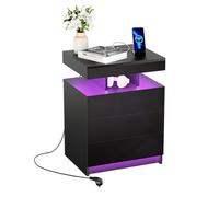 Table de Chevet Bois avec Prise Intégrée, Table de Nuit noir LED RGB avec 3 Tiroirs Brillants et Compartiment Ouvert, Table d'Appoint avec Télécommande pour Chambre à Coucher, Salon, Largeur 50 cm
