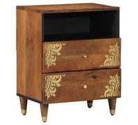 Table de chevet - Bois massif - 2 tiroirs - Finition marron - Design floral élégant