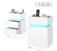 Table de chevet connectée blanche - WOLTU - Lot de 2 - LED réglable - 2 prises - 2 ports USB - 2 tiroirs - 1 casier