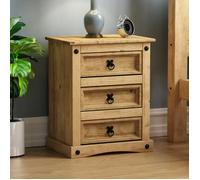 Table de chevet Corona en pin massif avec 3 tiroirs, finition cirée