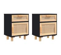 Table de Chevet de Style Scandinave, Table de Nuit pour Chambre à Coucher avec Tiroir de Rangement et Compartiment - Design en Rotin Naturel |Pin Massif et Bois D'ingénierie (Noir #03)