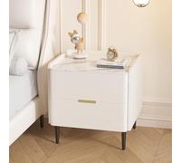 Table de chevet en bois avec double tiroir de rangement - Commode et table d'appoint moderne avec pieds en acier au carbone - Plateau en ardoise lisse - Rail en métal lisse - Table d'appoint blanche