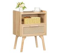 Table de chevet en rotin style bohème avec tiroir et étagère ouverte, table de chevet d'appoint avec pieds en bois massif pour chambre à coucher (jaune)
