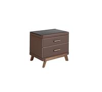 Table de chevet en simili cuir, noyer avec plateau en verre noir