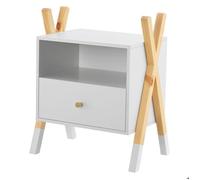 Table de Chevet Enfant Juskys Jamie - Blanc et Bois Naturel - 1 Tiroir Tablette et Compartiment Ouvert