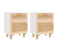 Table de chevet - ESTINK - 2pcs - Blanc - Bois de pin massif - Rotin naturel