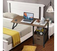 Table de chevet et table de lit réglable en hauteur - Design pliable 2 en 1 avec tiroirs de rangement et roulettes pivotantes - Idéal pour les chambres à coucher Finition marron
