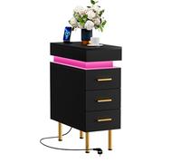 Table de chevet étroite avec 3 tiroirs et éclairage LED - 50 x 25 cm - Commode de chambre avec prise + USB, lumière Bluetooth - Parfaite comme table d'appoint, armoire de niche ou étagère étroite