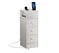 Table de chevet étroite avec 3 tiroirs et station de charge - Étagère étroite de 25 cm avec 2 AC + 2 USB, commode pour chambre à coucher, blanche, 70 cm de hauteur - Comme armoire de niche, table