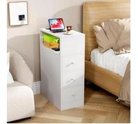Table de chevet étroite avec 3 tiroirs et station de charge VIVOLILV,Étagère étroite de 25 cm avec 2 AC et 2 USB,Commode Blanc
