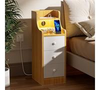 Table de chevet étroite avec éclairage LED - 30 x 25 cm - Commode pour chambre à coucher avec prise 2 AC + 2 USB, 3 tiroirs, lumière Bluetooth, parfaite comme armoire de niche, table d'appoint ou