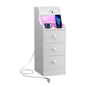Table de chevet étroite avec éclairage LED - 30 x 25 cm - Commode pour chambre à coucher avec prise 2 AC + 2 USB, 3 tiroirs, lumière Bluetooth, parfaite comme armoire de niche, table d'appoint ou