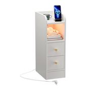 Table de chevet étroite avec éclairage LED et station de charge - Commode à 4 étages avec 1 AC + 2 USB, 2 tiroirs, lumière Bluetooth, blanche - 60 x 30 x 20 cm - Armoire de niche comme table d'appoint