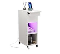 Table de Chevet Étroite avec LED RGB et 1 AC 2 USB, Table de Nuit avec 1 étagère Coulissante et 2 Compartiment Ouvert, Table d'Appoint avec 4 Rollen pour Chambre à Coucher Salon, Blanche 25*43*75cm