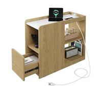 Table de Chevet Étroite avec Station de Recharge, Table de Nuit Etroite avec Tiroirs, 2 Prises de Courant, Ports Usb et USB-C, Étagère Réglable en Hauteur, Roulettes Verrouillables, Placage de Chêne