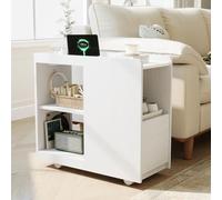 Table de Chevet Étroite avec Station de Recharge, Table de Nuit Etroite avec Tiroirs, 2 Prises de Courant, Ports Usb et USB-C, Étagère Réglable en Hauteur, Roulettes Verrouillables, Placage de Chêne