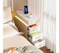 Table de Chevet Etroite, Table de Nuit Étroite Bois avec 1 Prises CA 2 Ports USB, Table d’Appoint avec 3 Tiroirs et LED Éclairage RGB, 4 Pieds MéTalliques RéGlables pour Salon Bureau, Blanche 25cm