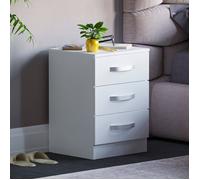 Table de chevet Hulio blanche haute brillance avec 3 tiroirs - Meuble de chambre moderne