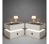 Table de Chevet Intelligente avec éclairage LED, Chargement sans Fil, Verrouillage par Mot de Passe, Table de Chevet Flottante, Haut-parleurs Bluetooth et Ports USB(White(2pcs),Medium)