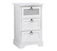 IDIMEX Table de Chevet Irma Petite Commode de Nuit avec 3 tiroirs, en Bois de Paulownia Blanc Style Shabby Chic Vintage bohême avec déco en rotin