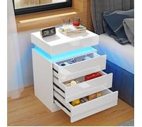 Table de chevet LED avec compartiment coulissant encastré, VIVOLILV,Rangement invisible, glissières silencieuses,Blanc,40x35x61cm