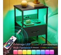 Table de chevet LED avec station de recharge & 1 tiroir de rangement - Petite table de nuit avec adaptateur double prise & 2 USB - Élégant meuble de chevet pour chambre, salon, canapé.