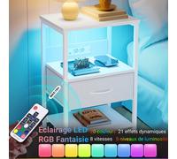 Table de chevet LED avec station de recharge & 1 tiroir de rangement - Petite table de nuit avec double adaptateur de prise & 2 USB - Élégante armoire de chevet pour chambre, salon, canapé.