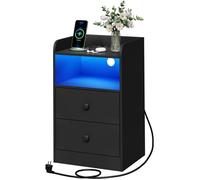 Table de chevet LED - WOLTU - Noir - 1 compartiment ouvert - 2 prises - 2 ports USB - Télécommande