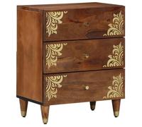 Table de chevet - Marron miel - Bois de manguier massif - 3 tiroirs - Motifs dorés