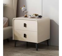 Table de Chevet Minimaliste Moderne en Bois Massif avec Double tiroir de Rangement, Petit Meuble en Cuir Microfibre Blanc, Table en Bois, Mini Table de Chevet (