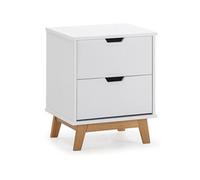 VS Venta-stock Table de Chevet Miranda 2 tiroirs Blanc, MDF laqué en couler Blanc, Pieds en Bois Nature
