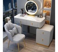 Table de chevet mobile avec miroir à écran tactile à intensité variable et tabouret rembourré gris doré pour la maison, la chambre à coucher