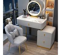 Table de chevet mobile grise et dorée avec écran tactile 3 couleurs à intensité variable et tabouret rembourré - Meuble de maquillage élégant pour chambre à coucher