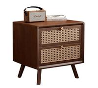 Table de Chevet Moderne de Style Chinois Contemporain en Bois Massif, Table Basse en rotin, avec Deux Grands tiroirs, idéale for la Chambre à Coucher ou Le Salon.(A,35cm(13.78inch))