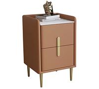 Table de chevet moderne du milieu du siècle | Table d'appoint minimaliste en cuir microfibre avec plateau en pierre frittée | Meubles de chambre et de salon marron élégant 35 x 35 x 55 cm