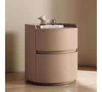 Table de chevet moderne en bois massif avec finition en cuir de selle, 2 tiroirs, design rond pour chambre à coucher, petite commode (marron café clair, 45 cm)