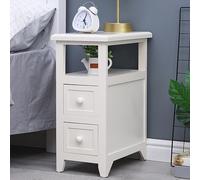 Table de chevet moderne en bois massif blanc avec double tiroirs de rangement - Mini table de nuit étroite pour chambre à coucher et salon - Meuble élégant et fonctionnel