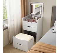 Table de chevet multifonctionnelle en bois avec miroir de maquillage, table de chevet robuste et tabouret à 2 tiroirs pour chambre à coucher, salon, dressing, studio - Blanc 60 cm