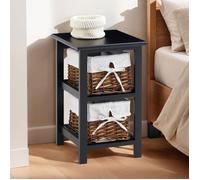 IDIMEX Table de chevet Nokomis en bois, 2 paniers en osier, insert tissu blanc, lasuré noir