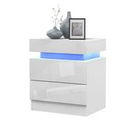 Table de Chevet Nordique Blanc à LED, Commode avec 2 Tiroirs, Table de Nuit Meuble Rangement, Moderne MDF Haute Brillance