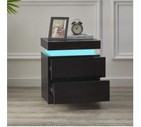 Table de Chevet Nordique Noir à LED, Commode avec 2 Tiroirs, Table de Nuit Meuble Rangement, Moderne MDF Haute Brillance
