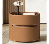 Table de Chevet Ronde avec 2 tiroirs Table d'appoint en Bois sans Pieds | Meuble de rangement Revêtement en cuir Facile à nettoyer Pour chambre à coucher et salon(Brown 2)