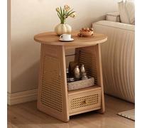 Table de Chevet Ronde en Rotin, Table de Nuit Minimaliste avec Rangement