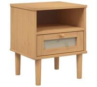 Table de chevet Senja marron aspect rotin 40 x 35 x 48 cm en bois de pin | Tiroir et compartiment de rangement, façade en polyrotin bicolore, plateau robuste, poignée en bois, fixation murale