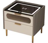 Table de chevet Table d'appoint avec tiroir Armoire en bois massif Charge sans fil Lumières LED de 3 couleurs Table d'appoint en cuir