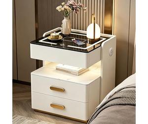Table de chevet, table de chevet avec haut-parleur Bluetooth et fonction de charge, table de chevet avec LED à intensité variable, commode de chevet avec lumière capteur, 2 tiroirs ouverts, table